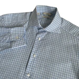 SuitSupply Dress Shirt Men's 38 15 Blue White Gingham Linen Cotton Spread Collar